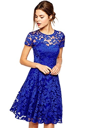 Amoluv-Women-Round-Neck-Short-Sleeve-Pleated-Lace-Slim-Dress